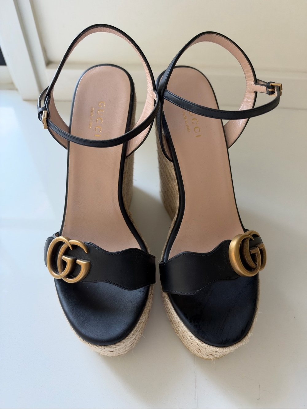 Gucci Black Leather GG Logo Espadrille Wedge Sandals
